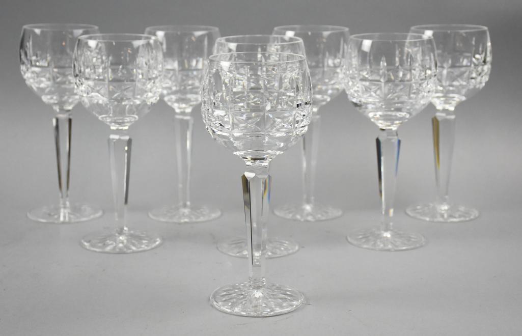 (8) Vintage Waterford Kylemore Hock Wine Glasses: All of these crystal pieces are from Waterford. The pattern is Kylemore. Introduced in 1966, discontinued in 2017. All 7.5" tall Hock wine glasses.