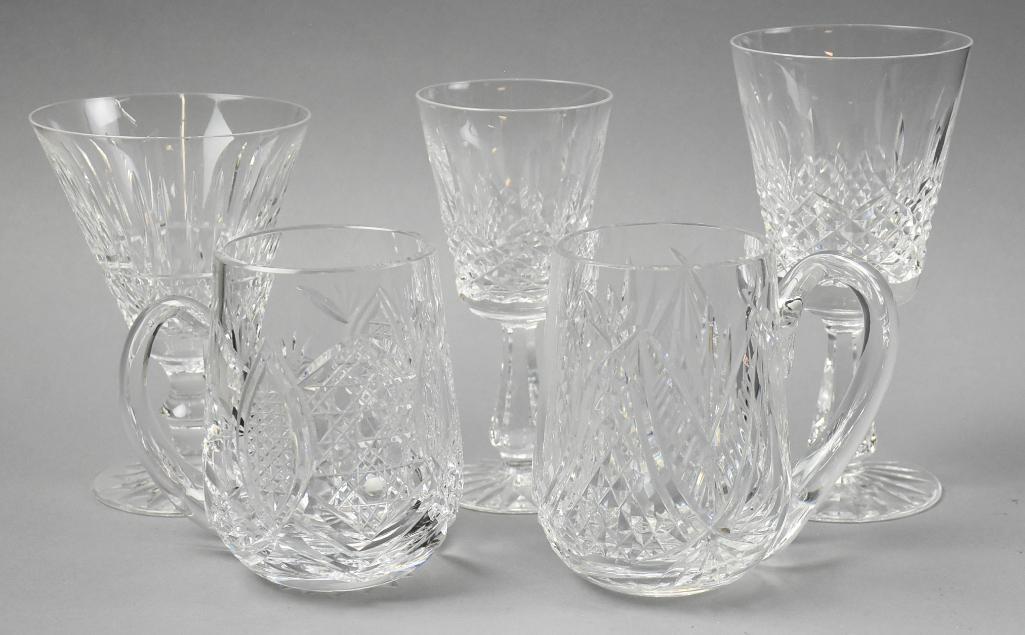 Vintage Waterford Kenmare, Tramore & Giftware: This lot is for some lovely Waterford crystal that includes Kenmare and Tramore wine glasses of different sizes and a pair of tankards from the giftware line. All measure from 4.5" to 7" tall