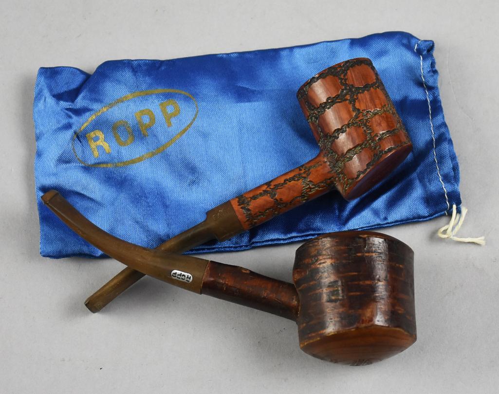 Vintage French & Danish Pipes, Ropp w/ Bag & Jobey: Cool pipe lot to continue with the tobacciana section. Lot is a vintage ROPP pipe made in France and comes with the original silk or satin bag and the Jobey Torino. Both have cool textures and ar