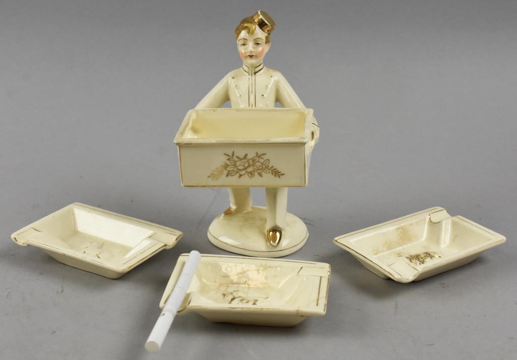 Vintage Japan Porcelain Bellhop & Ashtrays Smoking Set (1 of 6)