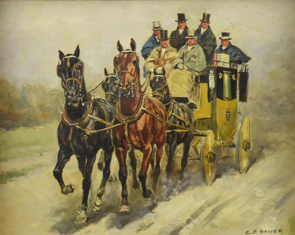 Carl Franz Bauer (1879-1954) Austrian Eqestrian Artist: Wonderful western art by Austrian caricature artist Carl Franz Bauer (1879-1954). Stagecoach with running horses and filled with men. Framed and measures 11" x 13" and signed in lower right Bauer