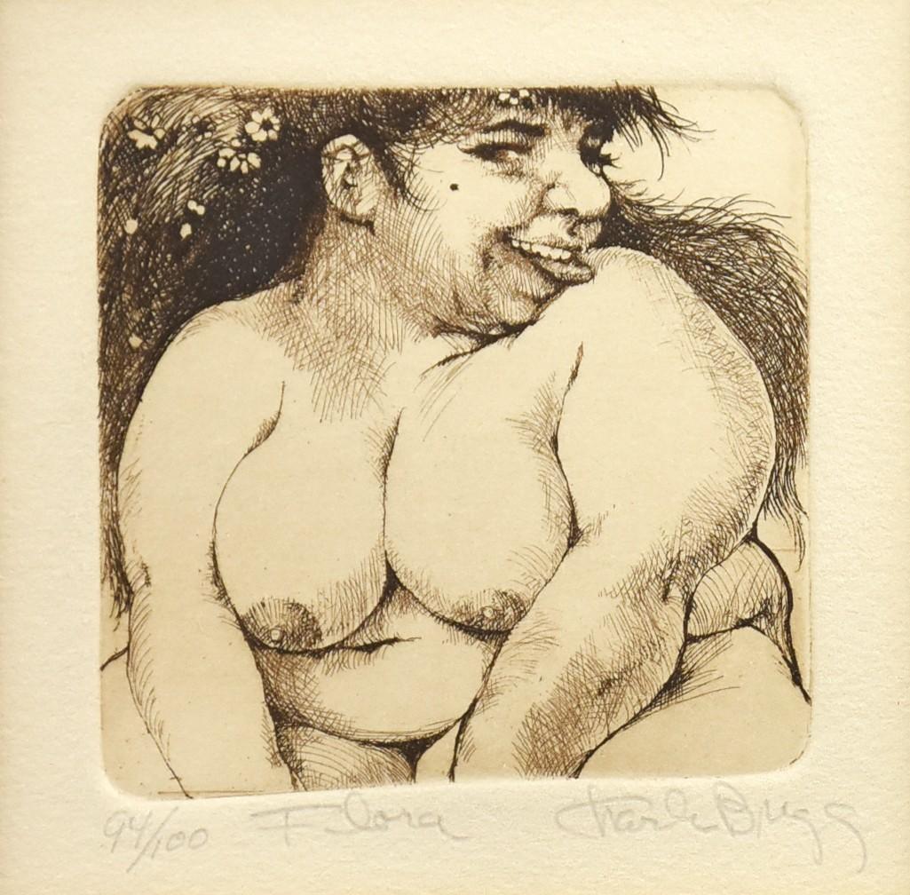 Charles Bragg (1931-2017) Satirical Artist: Interesting and fun limited edition print from artist Charles Bragg (1931-2017) who is best known for his satirical artwork. This piece is titled "Flora" and is 94/100 and features a full figured nude
