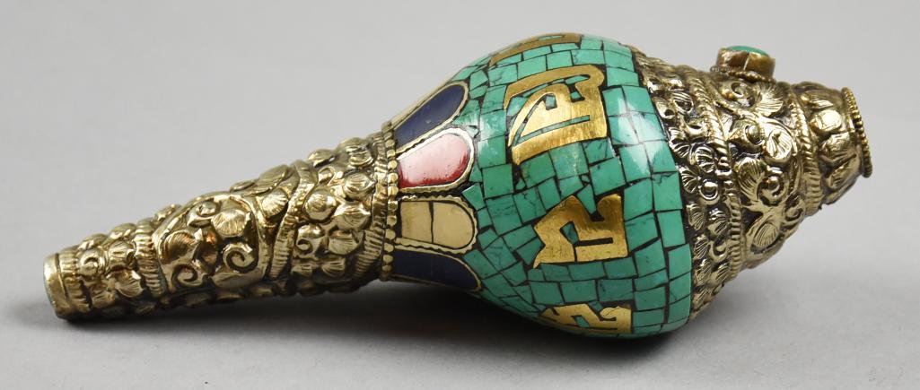 Vintage Tibetan Trumpet Silver & Gemstone Stone Ritual Conch Shell: This is a gorgeous silver repousse ritual conch trumpet horn shell. It is inlaid with what appears to be turquoise, coral, lapis and bone. Inlaid characters appear brass. Measures approx 5.5" lo