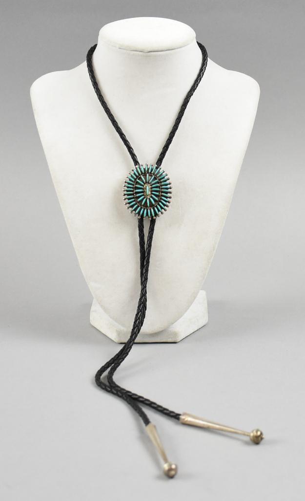 Vintage Zuni Petit Point Sterling & Turquoise Bolo Tie (1 of 4)