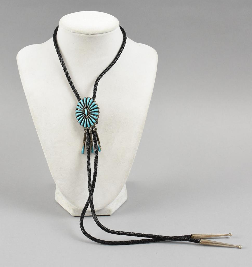 Vintage Zuni Petit Point Sterling & Turquoise Bolo Tie (1 of 4)