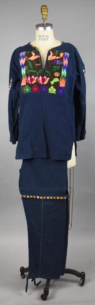 Vintage Guatemalan Embroidered Indigo Tunic & Slacks: This cool outfit appears to be of Guatemalan origin. Embroidered tunic with stylized floral around the neckline and a pair of matching drawstring slacks with pockets. Appears hand embroidered with