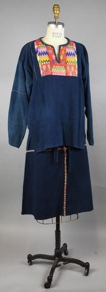 Vintage Guatemalan Embroidered Indigo Tunic & Skirt: This cool outfit appears to be of Guatemalan origin. Embroidered tunic with stylized floral around the neckline and a pair of matching wrap around skirt with pockets. Appears hand embroidered with mac