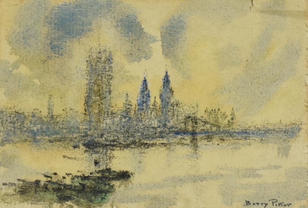 J.F. Barry Pittar (1880-1948) British American Artist: Very pretty watercolor painting by British and American artist Barry Pittar (1880-1948). Impressionist style and is called Lambeth Bridge in Westminster, hand written by the artist as well as signed