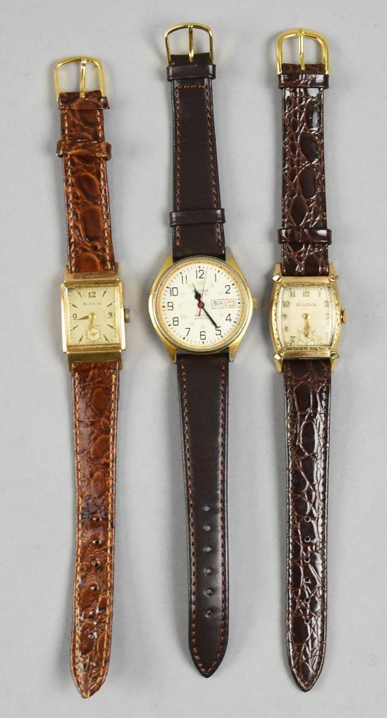 Vintage Bulova 10K GF Wristwatches Railroad: Nice selection of Bulova wristwatches, with one being Railroad Approved. All have gold filled cases and leather bands.