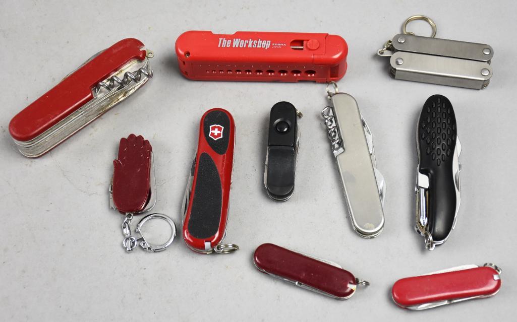 Vintage Swiss & Swiss Style Pocket Knives: Nice lot of vintage pocket knives. These are mostly in the Swiss Army style with one being Swiss Made. Each have multiple tools including blades, files, scissors and the all important bottle openers a