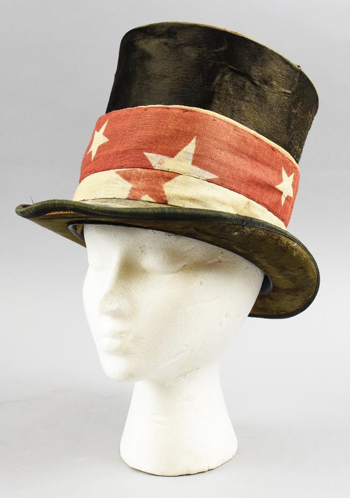 c1870 Van Tine & Fales Men's Beaver Fur Top Hat: Great looking top hat from Troy NY retail shop Van Tine & Fales. Fur appears beaver with a red and white patriotic band in cotton, also old possibly antique, band is not sewn on and can be easily remo