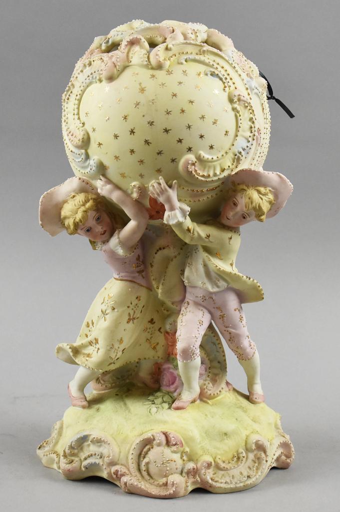 Antique Germany RW Rudolstadt Bisque Globe Vase: Stunning bisque statue, vase marked German RW Rudlostadt. Solid bisque with openwork top accented by C scrolls. Base is a young boy and girl holding the globe. Stands approx 15" tall