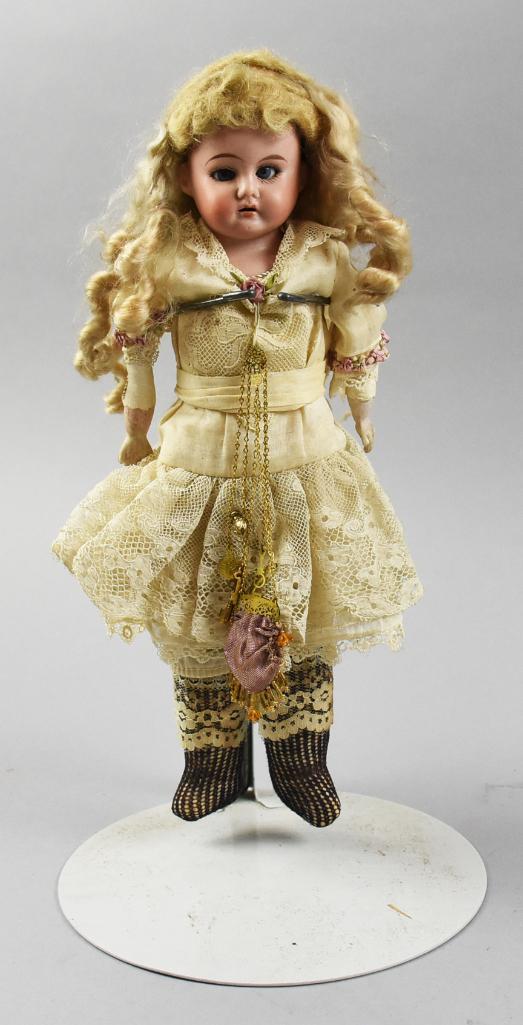 c1920 Wiefel & Co German Bisque Head Doll, Kid Body: This darling doll is a Wiefel & Co. Bisque shoulder head, mohair wig with glass sleep eyes. Well marked on back with the horseshoe Made in Germany and H.W. and a number that is hard to read, with the