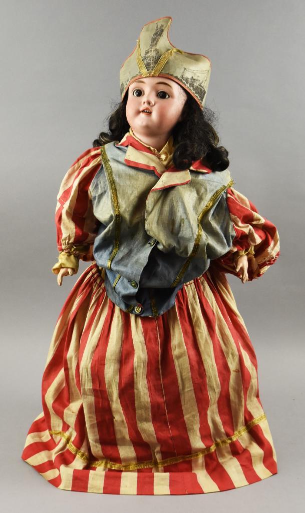 c1900 Kley & Hahn Walkure Bisque Head Doll, 30" T: This is a gorgeous c1900 Kley & Hahn doll who stands approx 30" tall. Socket head marked Walkure Germany, sleep eyes, open mouth with full set of teeth and pierced ears. She wears a red and white stri