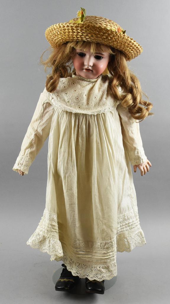 c1890 Handwerck, Simon & Halbig Bebe Dolly Face Doll, 30"T: This beautiful girl is a Heinrich Handwerk, Simon & Halbig Bebe, dolly faced bisque socket head doll. Glass sleep eyes and hand painted features, open mouth with full teeth. Composition body is red st