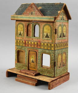 Antique R. Bliss Mfg Co Wood Dollhouse, Litho Paper Overlay: This fun dollhouse was manufactured by R (Rufus) Bliss Manufacturing Co. Two story solid wood with functioning front door and open windows in front. Litho overlay shows the details of the exterior and