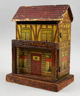 Antique R. Bliss Mfg Co Wood Dollhouse, Litho Overlay: Amazing antique unmarked R. Bliss Manufacturing Co. dollhouse. Hinged front exposing a two story house. Solid wood with lithograph overlay of the exterior details. Front retains original front latch a