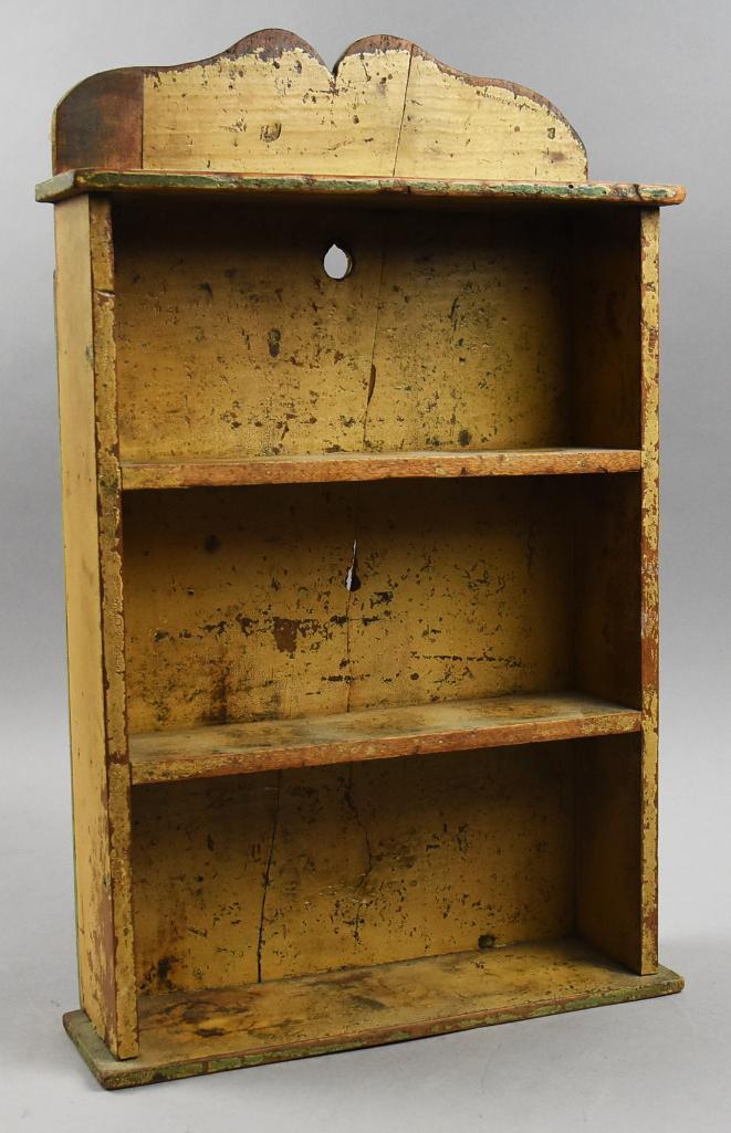 Primitive Antique Hand Crafted Open Wall Shelf: This pretty piece is a primitive antique wall shelf. Open with three shelves, hand painted and steel nail construction. Hand painted, nice rustic piece and measures approx 4" x 12" x 19" tall