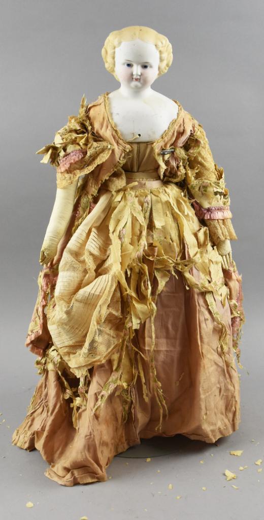 c1865 Civil War Flat Top Parian Doll, 24" Tall: This is a darling scarce blond flat top Parian doll. She has hand painted features with subtle rosy cheeks. Cloth body, with sawdust stuffing and kid leather arms. Dress appears original with slip fau