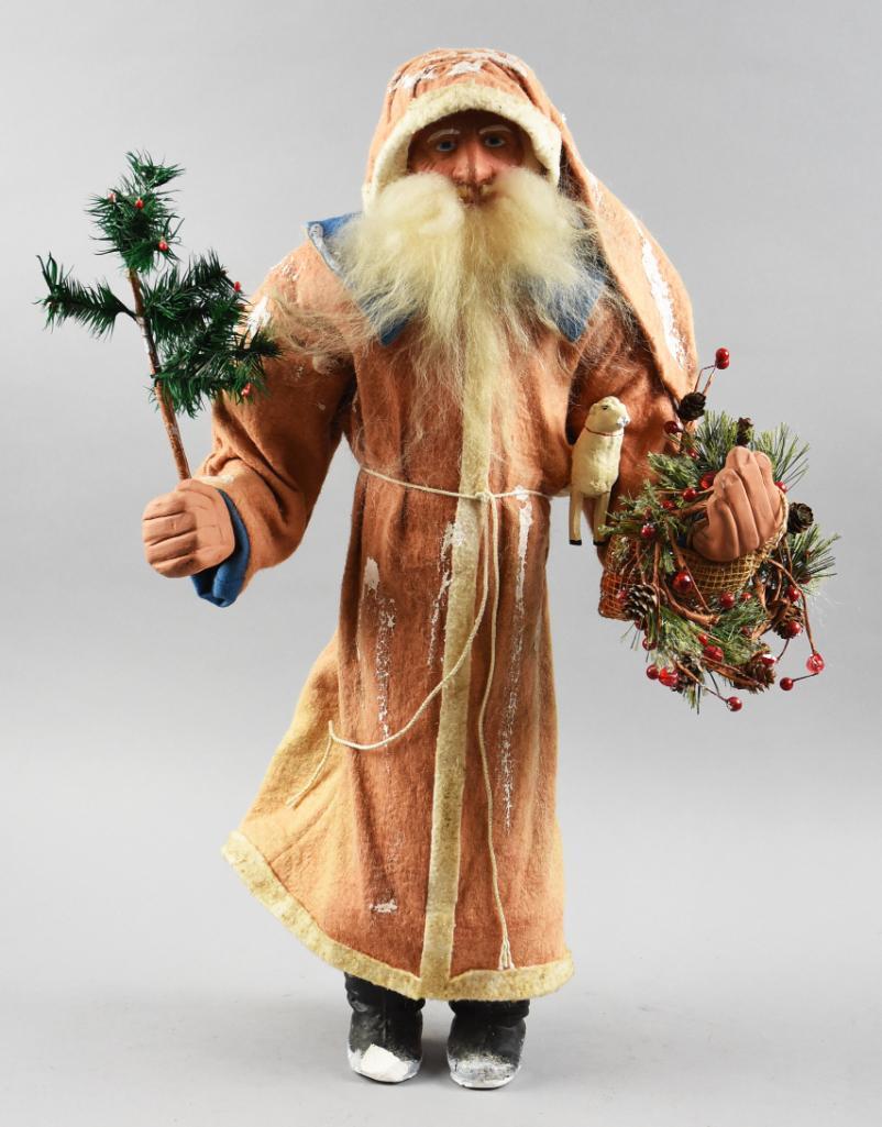 Old World Father Christmas, Belsnickel w/ Lamb, Feather Tree: This is a very nice old world Father Christmas Belsnickel. He wears a robe with mica streaks down front and mica on boots. In one hand he holds a small tree, a wreath hanging on the other side, lamb t