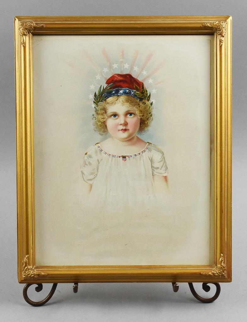 c1900 Framed Little Miss Liberty Chromolithograph: Wonderful little girl known as Little Miss Liberty is a chromolithograph. She wears a red hat with blue band and white stars and a stars and stripes halo. Collar is red and blue stripes with a flag in