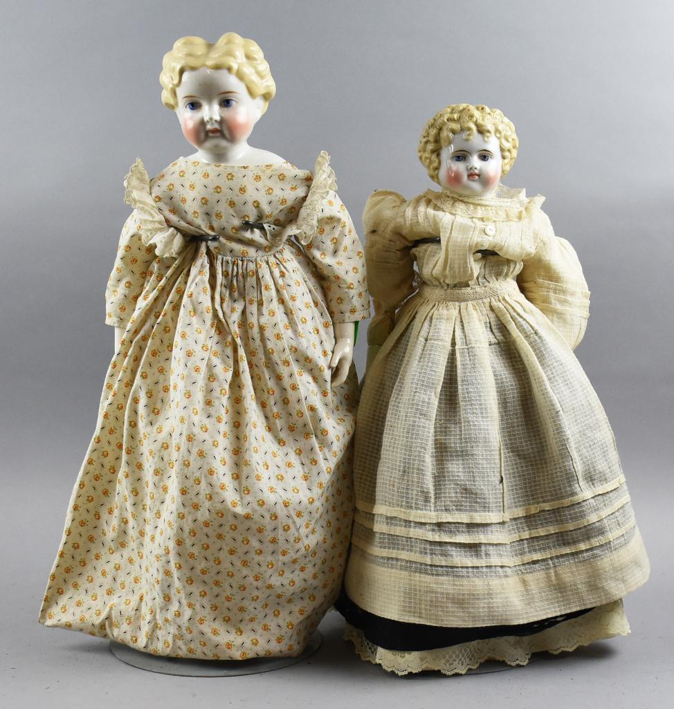 c1880 Alt Beck & Gottschalck Blond China Head Doll, Plus, 20"-22": Very pretty blond low brow china shoulder head dolls. Each is from the 1880s.The shorter of the two has very defined curls and a mold mark of 1008 on her back for Alt Beck & Gottschalck, the other is