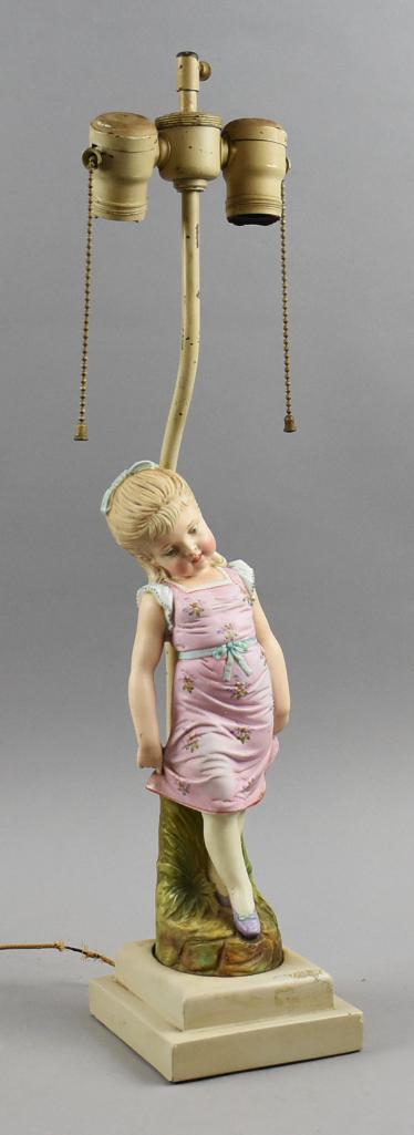 Antique German Bisque Little Girl & Boy Figurines, Double Lamp: These pretty double bulb lamps appear to be from the 1920s or earlier. Bisque little girl mid curtsy and little boy playing flute are of German origin, possibly Heubach. Painted base with original clo