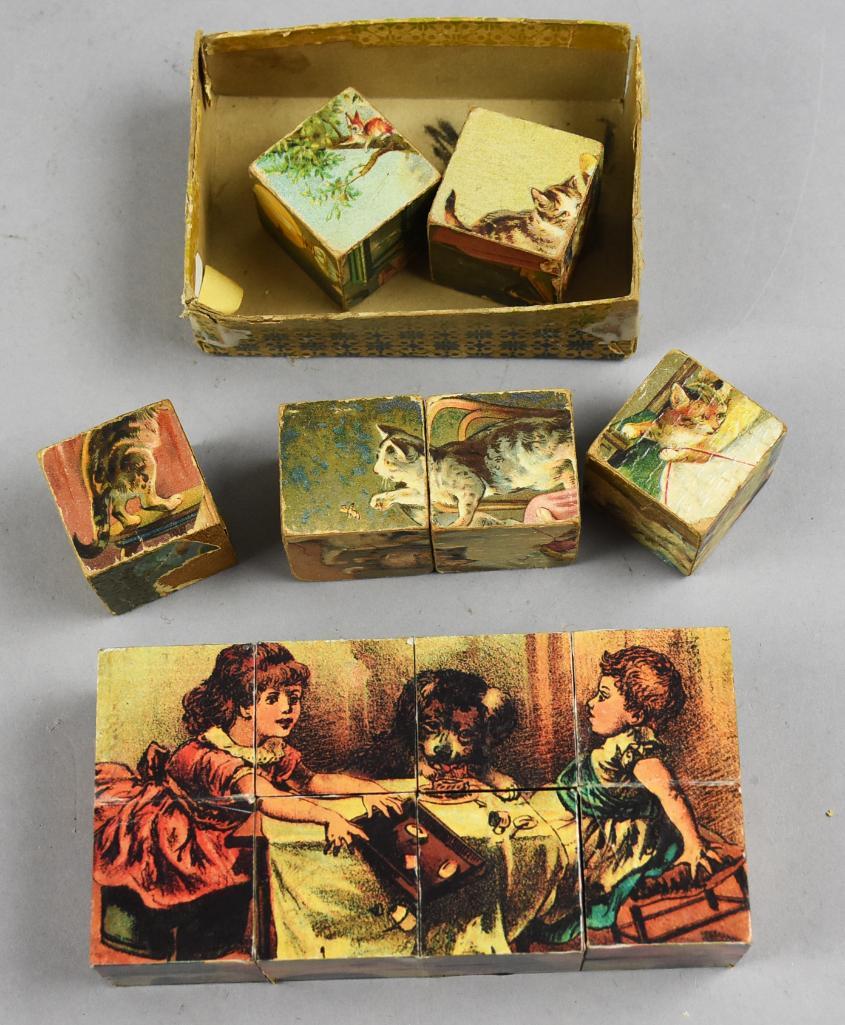 Victorian Toy Puzzle Blocks, Two Sets: Pretty lot of puzzle blocks. Two different sets that are complete. One set comes in an old box that could be original. Blocks measure 1.5" x 1.5" x 1.5"