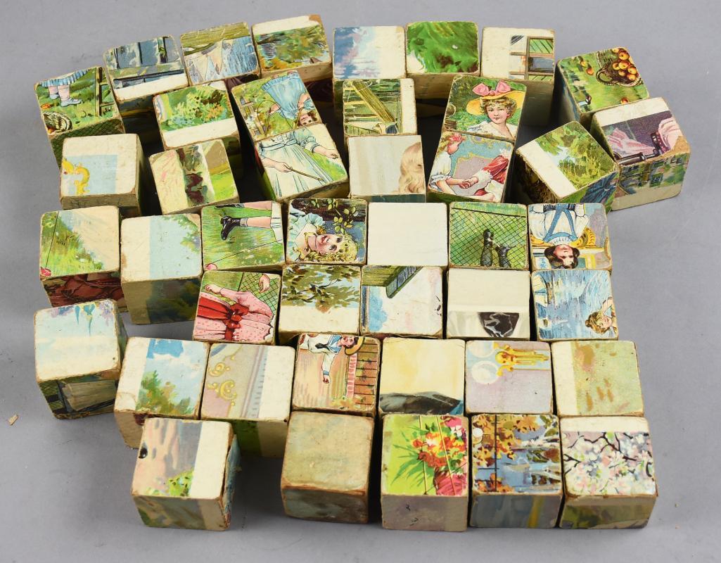 c1920 Chromolithograph Toy Puzzle Blocks: These are lovely c1920 puzzle blocks. All four sides have chromolithograph art that will put together pictures. There are 43 blocks in total that measure 1.5" x 1.5" x 1.5"