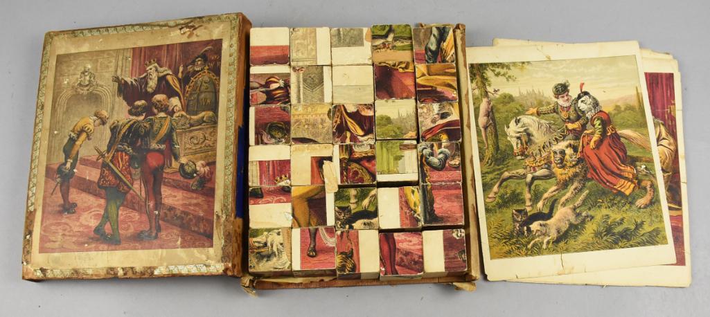 Victorian Puzzle Picture Blocks, Royal Theme, Original Box: This is a wonder set of antique puzzle picture blocks, 30 in total. Each side has nice lithograph images and comes in original box that includes lithograph prints that show the images of each puzzle. 
