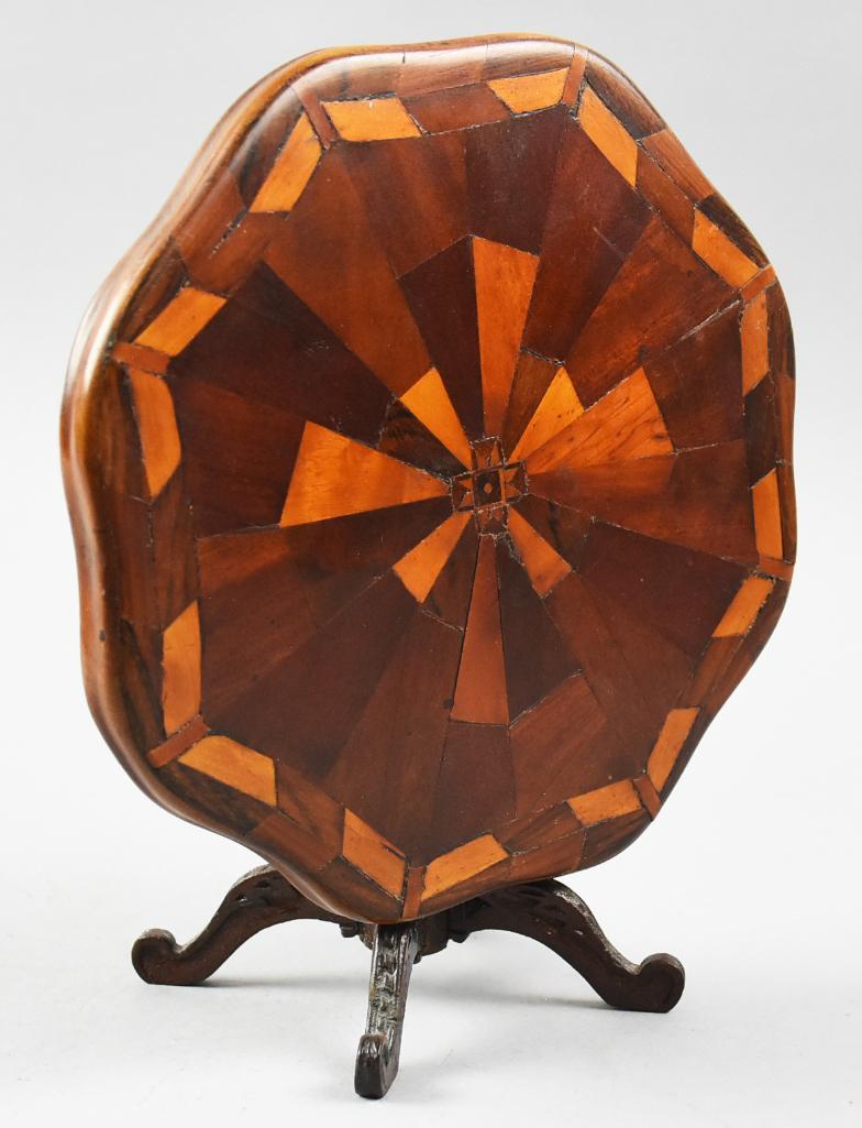 19th C Salesmen Sample Tilt Top Tea Table w/ Marquetry: This is a wonderful table and has amazing details for being so small. Table measures 6 inches tall x 8.5 inches wide. Wonderful geometric marquetry in the tilt top on turned pedestal base. Base is han