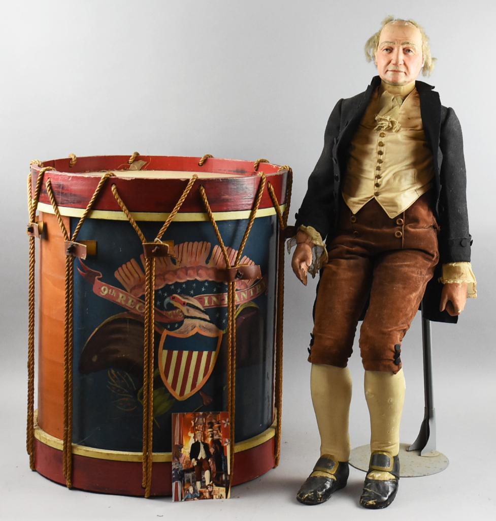 Antique Folk Art Thomas Jefferson Doll & Military Style Drum: I think this tall man is Thomas Jefferson. He wears a livery style outfit that includes waistcoat, vest and shirt with ruffles and below the knee pants with Colonial style shoes. Most of the outfit is