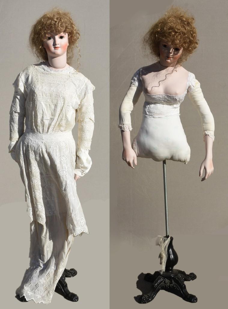 Extra Large Bisque Head Doll or Mannequin: Unusual bisque life sized socket head doll with bisque upper body and arms and cloth torso. She has hand painted features and glass paperweight eyes with painted and real hair lashes. Body is attached