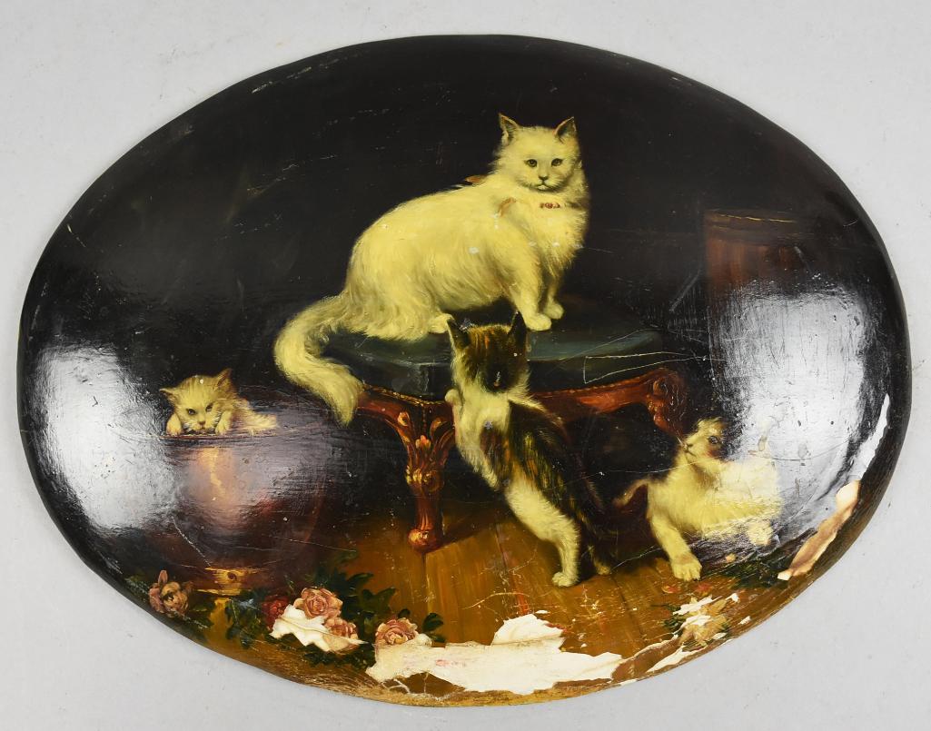 Antique Hand Painted Plaster Kitty Wall Art: This is an adorable wall hanger that appears to be in plaster. The art is what appears to be a mama kitty with her playful babies. It is hand painted and measures approx 12" x 16" Finely painted piece