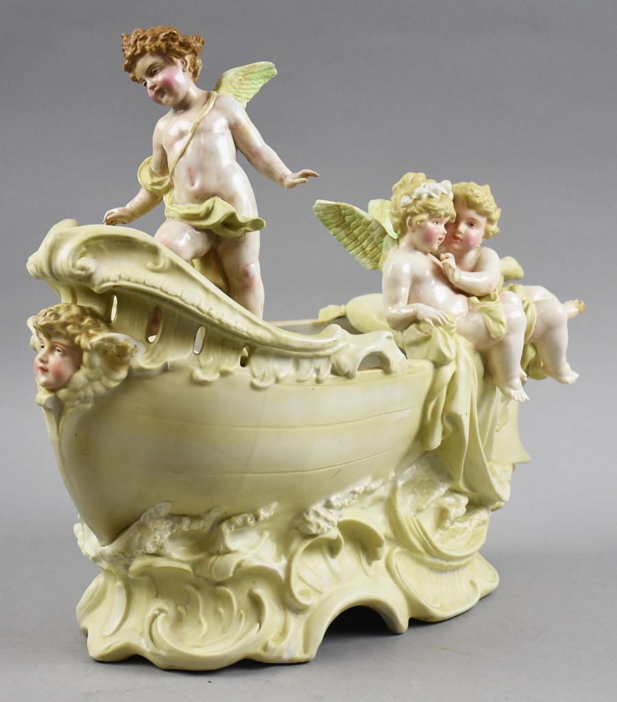 Antique Victorian Glazed Bisque Putti on a Boat Centerpiece (1 of 10)