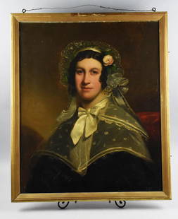 ID Folk Art Painting c1850 Oil on Canvas Portrait: Stunning work of art of a lovely woman, believed to be from the 1850s. Her ringlet curled hair is covered with a lace bonnet and she wears a pink flower. She has a simple frame and measures 27.5" x 32