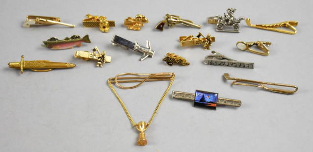 Fun Lot of Vintage Tie Clips, Pins & Bars MCM: The blue tie bar pin is made from a butterfly wing, it's beautiful and shimmers in the light. Lots of fun pieces with a trout, guns, characters, music, golf, sword and a few more.