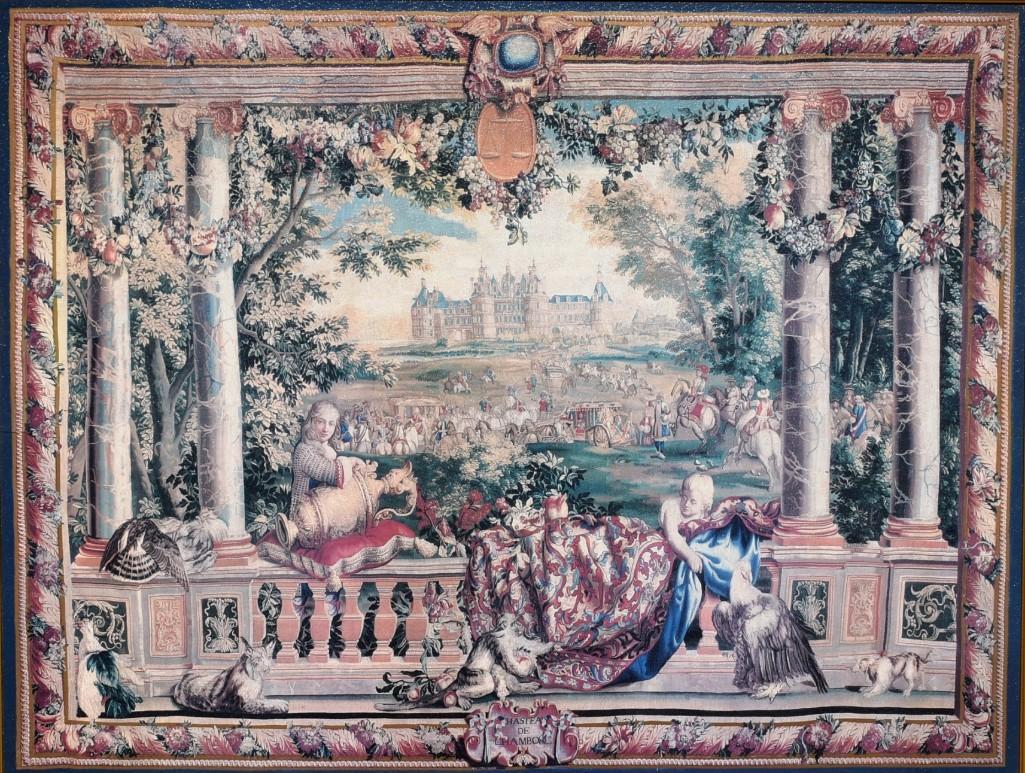 Large English Tapestry Print In Gold Gilt Frame