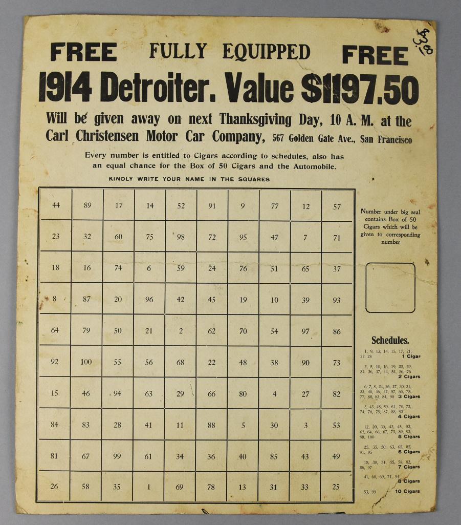 1914 Detroiter Car Bingo Card/Erotic Lithograph