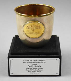 2016 Sterling Fran's Valentines Stakes Trophy: This is a great sterling trophy cup for the Fran's Valentines Stakes at Santa Anita Park. In 2016, Bert's Melody, owned by John Barr, won the Fran's Valentine Stakes where she was ridden by jockey