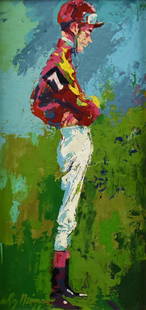 LeRoy Neiman (1921-2012) Original Jockey Painting-1965: Fantastic expressionist painting by American artist LeRoy Neiman (1921-2009). Man is a jockey. Signed in the lower left with the date (19)65 on lower left. Framed, 11" x 17" inches Viewable artwork