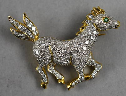 18K Gold, 2.25CT  Diamond Encrusted Horse Brooch-Emerald Eye: Darling horse brooch is 18K yellow gold encrusted in diamonds, approximately 2.25CT. Horse has a single emerald for the eye and is stamped 750 on back. Comes with the original purchase receipt from a