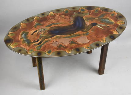 Elisabeth Maria Becker Art Metal Table Taos, NM: Remarkable metal table created by visual artist Elisabeth Maria Becker (b1942) of Taos New Mexico. It is an abstract horse with landscape background, all with a rustic finish. It was purchased in