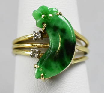 14K Yellow Gold, Spinach Jade and Diamond Ring: This wonderful ring was purchased at Amigo Jewelry in Hong Kong (temporarily closed). It is 14K yellow gold triple band with a polished piece of spinach jade, accented by diamonds. It is a size 6.5