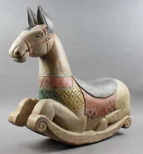 Vintage Asian Hand Carved and Painted Rocking Horse: This beautiful rocking horse appears to have hand carved and hand painted polychrome. Possibly originally from Thailand. Measures approx 23" tall x 25" x 9"