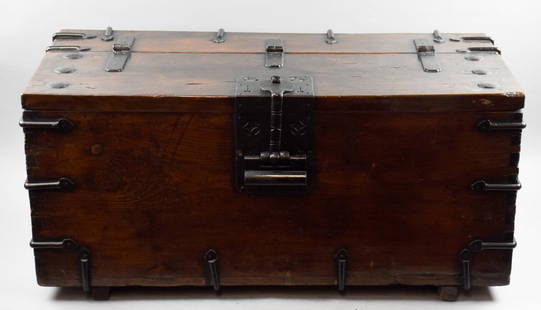 Late 19th C Korean, Joseon Dynasty Trunk: This great scholar box appears to be Korean from the late Joseon Dynasty (1392-1897). It is entirely hand crafted using dovetail construction and hand forged hardware and embellishments.? 16.5" tall