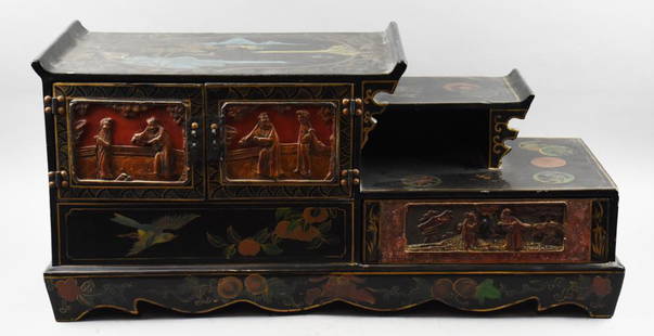 Antique Meiji Japanese Hand Crafted/Painted Tansu: This is a gorgeous Japanese tabletop Tansu, appearing to be late Meiji period. Hand painted top with landscape with stair-step type shelves. Double doors appear hand carved, open for storage. Single