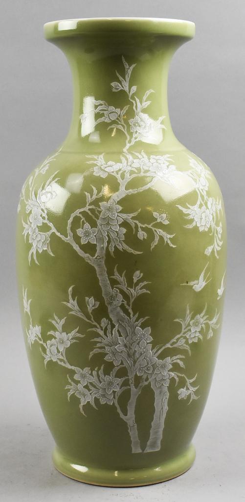 Antique Chinese Celadon Glaze, Hand Painted Tree & Flowers (1 of 9)