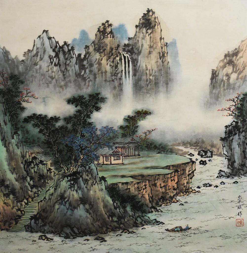 Chinese Traditional Landscape Painting Watercolor Signed Chong Bin: Chinese landscape watercolor of square shape, depicting? an ideal Chinese landscape with a temple. Signed Chong Bin zuo..Chong Bin Made. Measures approx. 33" x 34".