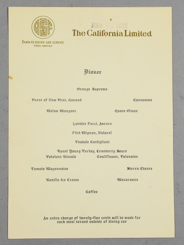 1922 Fred Harvey Santa Fe California Ltd Dining Car Menu (1 of 3)